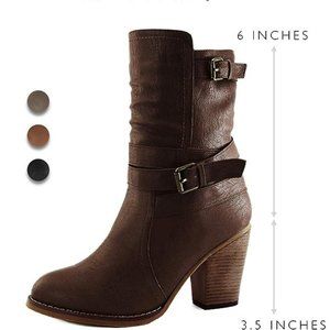 Western-style brown booties with strappy buckles